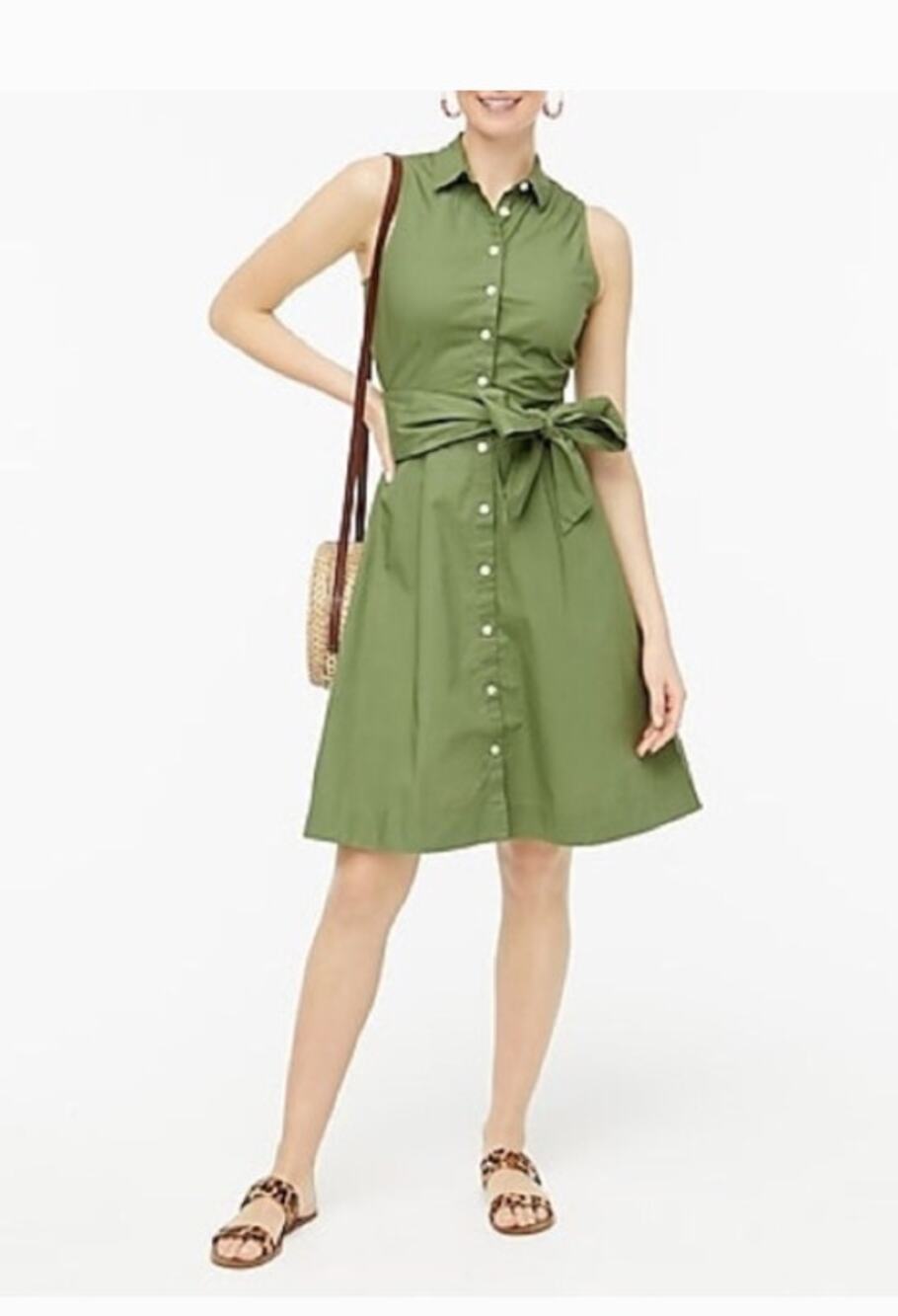 J.Crew Green Tie-Waist Shirtdress Sleeveless Collar Size 8 Cotton VGUC